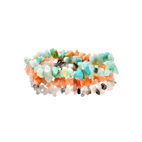 Lot de 3 Bracelets en perles chips de pierre de soleil quartz tourmaline et amazonite élastique - Photo n°1