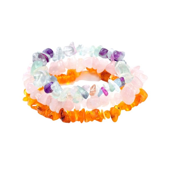 Lot de 3 Bracelets en perles chips d'ambre fluorite et quartz rose élastique - Photo n°1