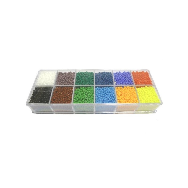 Coffret 12 cases de perles de rocailles en verres 9° (diam 02,5 mm) - Assorties Opaques - Photo n°1