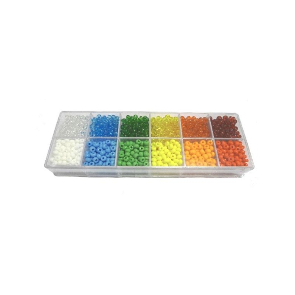 Coffret 12 cases de perles de rocailles en verres 5° (diam 03,5 mm) - Couleurs assorties - Photo n°1
