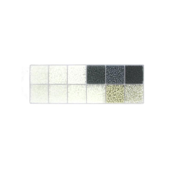 Coffret 12 cases de perles de rocailles en verres 9° (diam 02,5 mm) - Nuance Noir et Blanc - Photo n°1