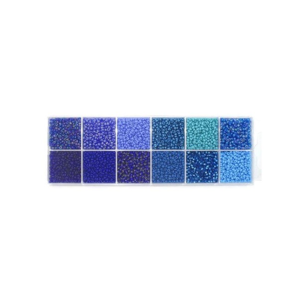 Coffret 12 cases de perles de rocailles en verres 9° (diam 02,5 mm) - Nuance Bleue - Photo n°1