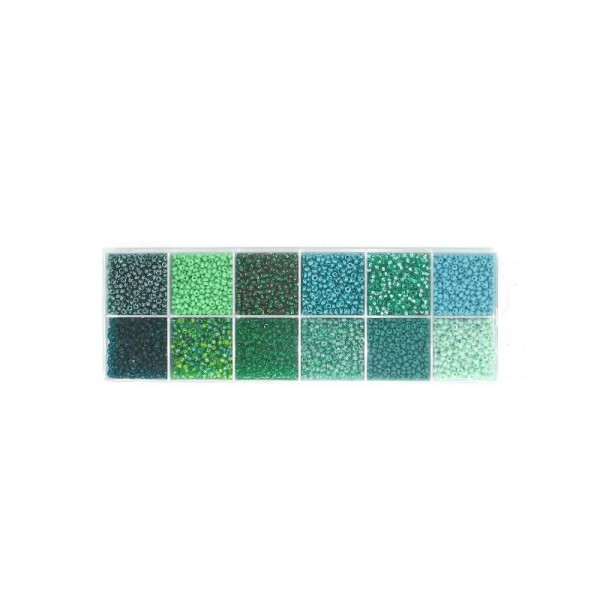 Coffret 12 cases de perles de rocailles en verres 9° (diam 02,5 mm) - Nuance Verte - Photo n°1