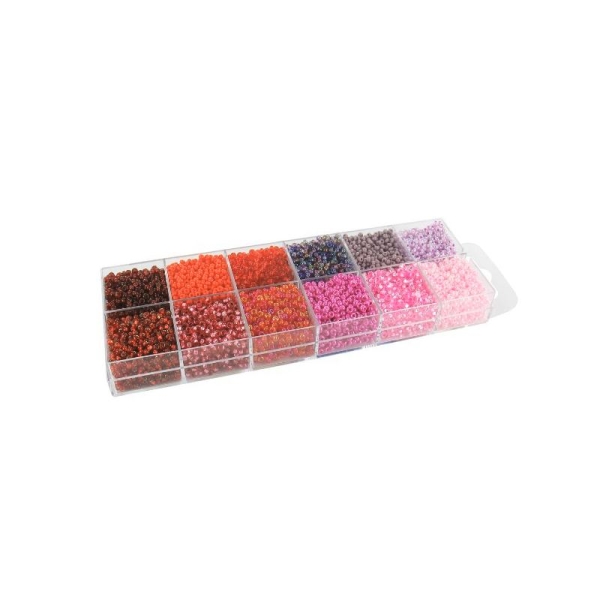 Coffret 12 cases de perles de rocailles en verres 9° (diam 02,5 mm) - Nuance Rose / Rouge - Photo n°1