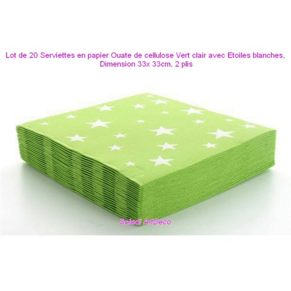 Gros lot 100 Serviettes Vert clair avec étoiles blanches, papier Ouate de cellulose, 33x 33cm, 2 pli - Photo n°2