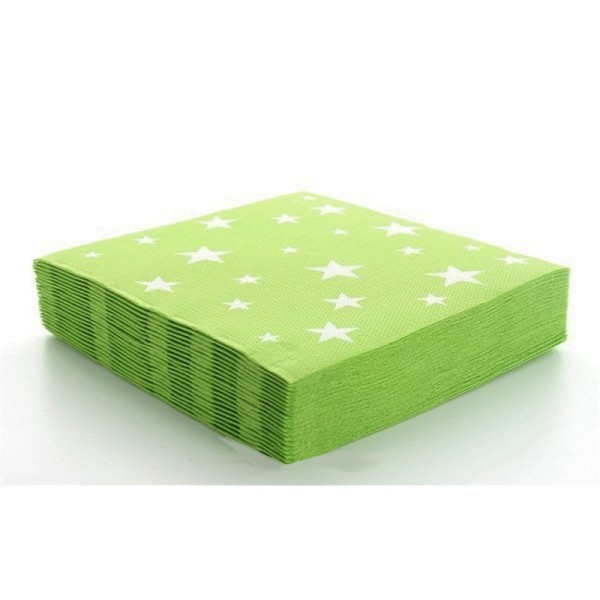 Gros lot 100 Serviettes Vert clair avec étoiles blanches, papier Ouate de cellulose, 33x 33cm, 2 pli - Photo n°1