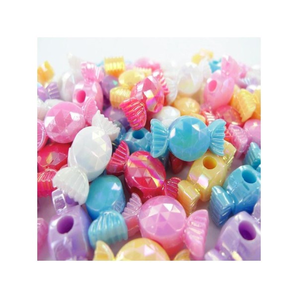 Perles en forme de bonbons en plastique Multi Opaque irisé - Sachet de 60 pièces - Photo n°1