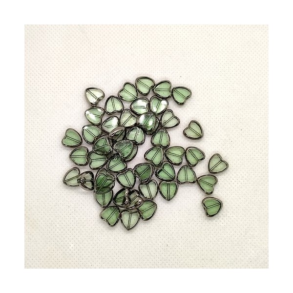 50 Perles en verre - des coeurs vert transparent et argenté - 10mm - 245 - Photo n°1