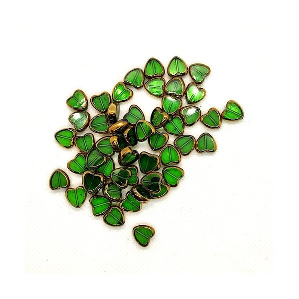 50 Perles en verre - des coeurs vert et doré - 10mm - 245 - Photo n°1