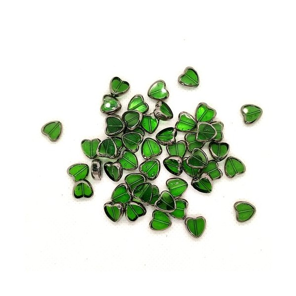 50 Perles en verre - des coeurs vert et argenté - 10mm - 245 - Photo n°1