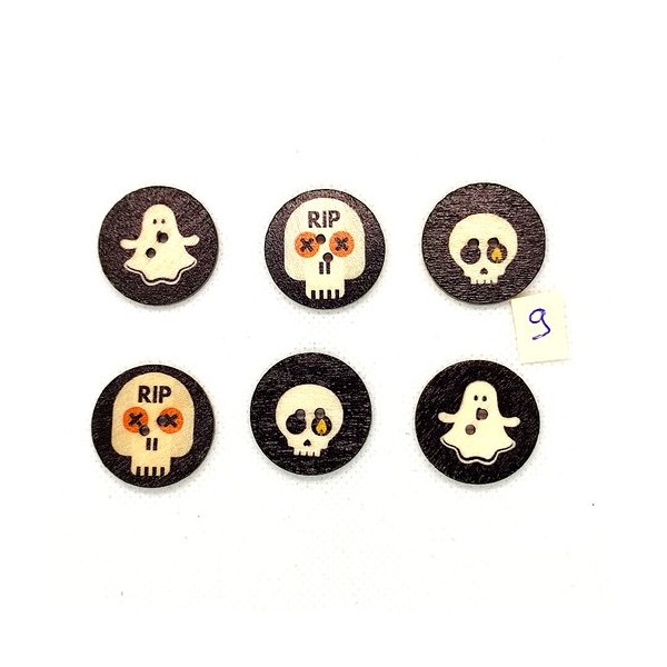 6 Boutons en bois noir et blanc - halloween - 25mm - BRI864-9 - Photo n°1