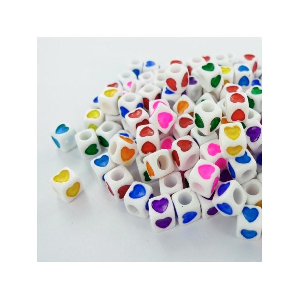 Perles cubes avec cœur en plastique Multi (07 mm - Trou ø 04 mm) - Bocal de 600 pièces - Photo n°1