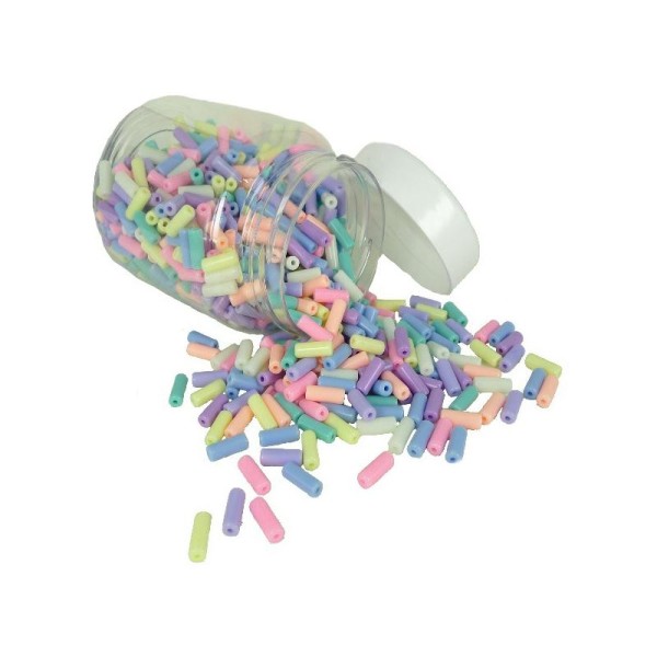 Bocal d'environ 800 Perles en formes de tubes cylindrique en plastique Multi Pastel - 13 x 05 mm - Photo n°1