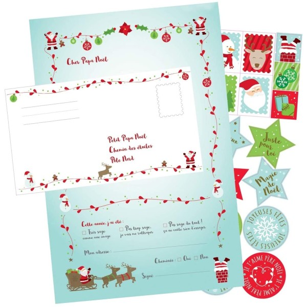 Lettre au Père Noël (6 lettres + 6 enveloppes + 15 stickers) écriture papeterie - Photo n°1