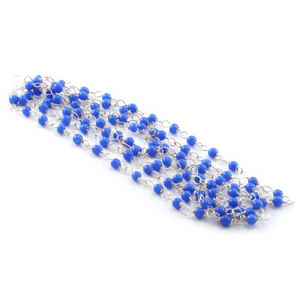 Chaine argenté + perles rondes 4mm bleu roi x127cm - Photo n°1