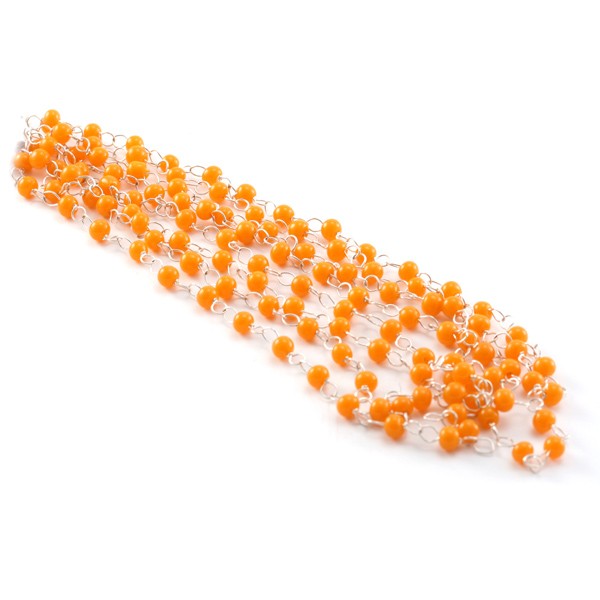 Chaine argenté + perles rondes 4mm orange x127cm - Photo n°1