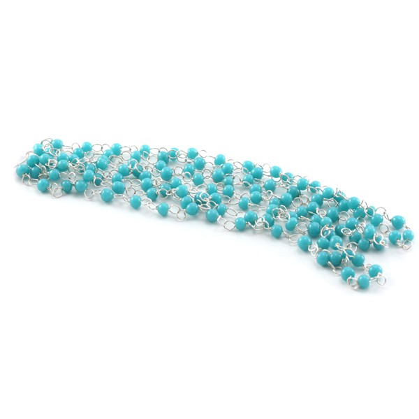 Chaine argenté + perles rondes 4mm turquoise x127cm - Photo n°1