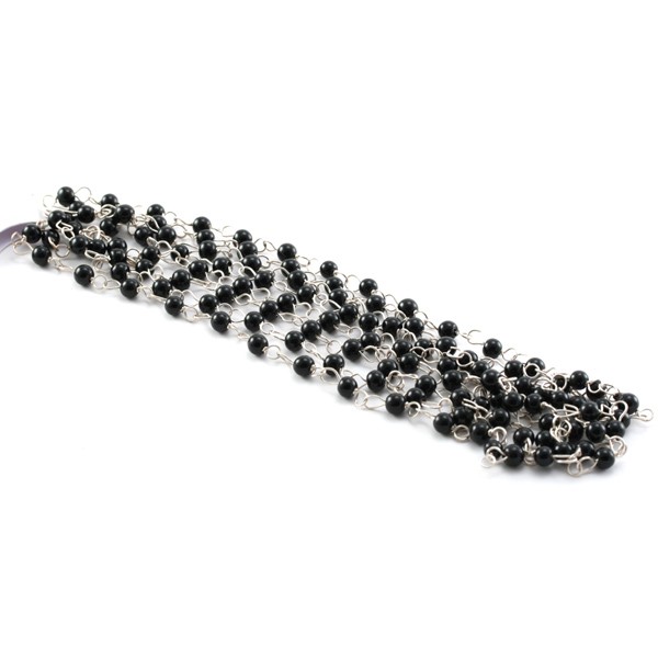 Chaine argenté + perles rondes 4mm noir x127cm - Photo n°1