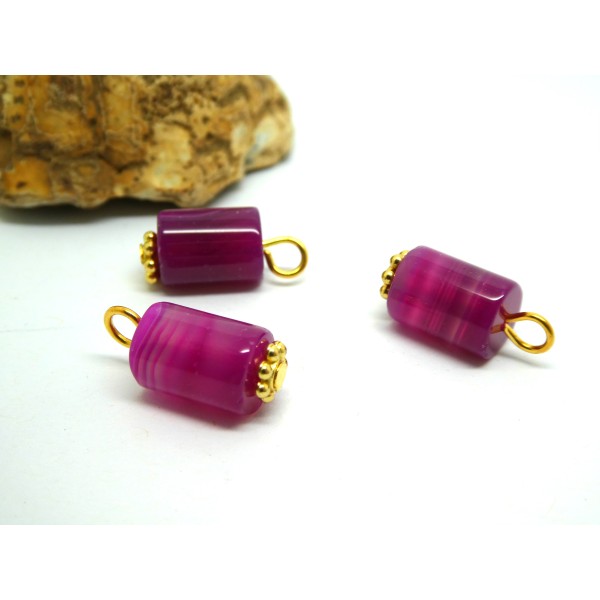 2 Pendentifs en agate naturelle teintée rose / violet 18*8mm, forme colonne - Photo n°1
