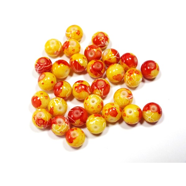 LOT 30 PERLES VERRES : ronde marbrées  jaune/rouge 8mm (11) - Photo n°1