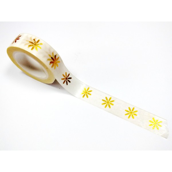 Ruban Washi 15mm x 10 mètres blanc motif fleur dorée - Photo n°1