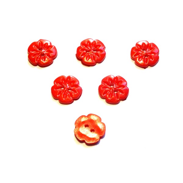 LOT 6 BOUTONS ACRYLIQUES : fleur rouge 15mm (01) - Photo n°1