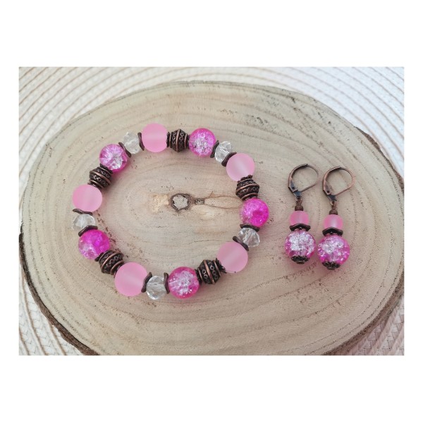 Kit parure bracelet et boucles d'oreilles rose et cuivre rouge - Photo n°1