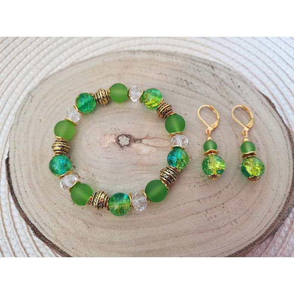 Kit parure bracelet et boucles d'oreilles vert et doré - Photo n°1