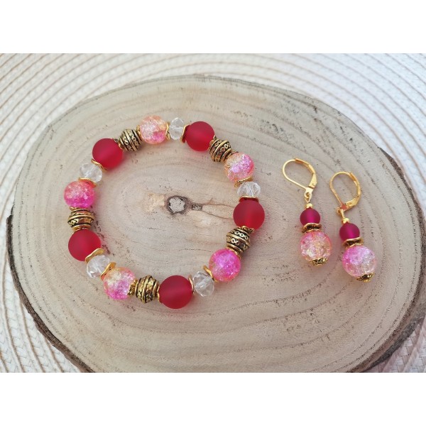 Kit parure bracelet et boucles d'oreilles rose et doré - Photo n°1