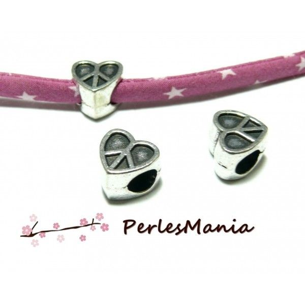 P701 - 4 pendentifs perles intercalaire LARGE Coeur Peace 10mm  VIEIL ARGENT breloques DIY - Photo n°1