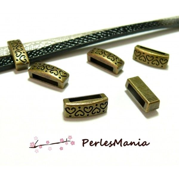 H116432 PAX 10 passants Slides Rectangle avec coeurs métal couleur Bronze pour cordons lanieres - Photo n°1