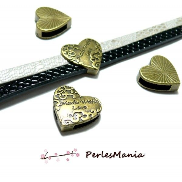 PAX 4 passants Slides Made with Love Coeur métal couleur Bronze pour cordons lanieres H6403 - Photo n°1