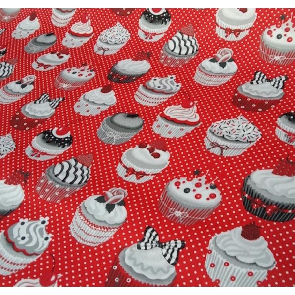 Tissu Cupcakes rouge et gris - coton ENDUIT - par 25 cm - Photo n°2