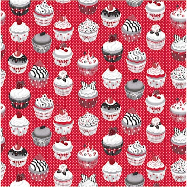 Tissu Cupcakes rouge et gris - coton ENDUIT - par 25 cm - Photo n°1