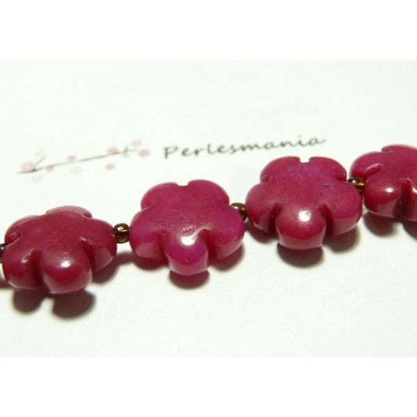 Lot de 2 perles fleurs jade teintée 5 pétales couleur rose fushia 16mm - Photo n°1