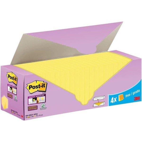 Post-it - Bloc-note Super Sticky Notes, 76 x 76mm, 20+4, jaune - Bloc notes  fantaisie - Creavea