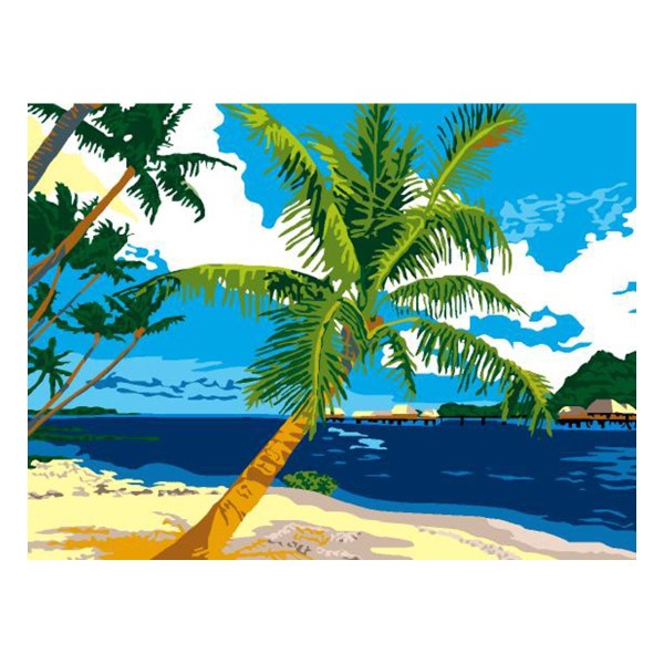 Kit canevas 15x20cm Palmier bord de plage à voile toile coton + aiguille + fils enfants broderie - Photo n°1