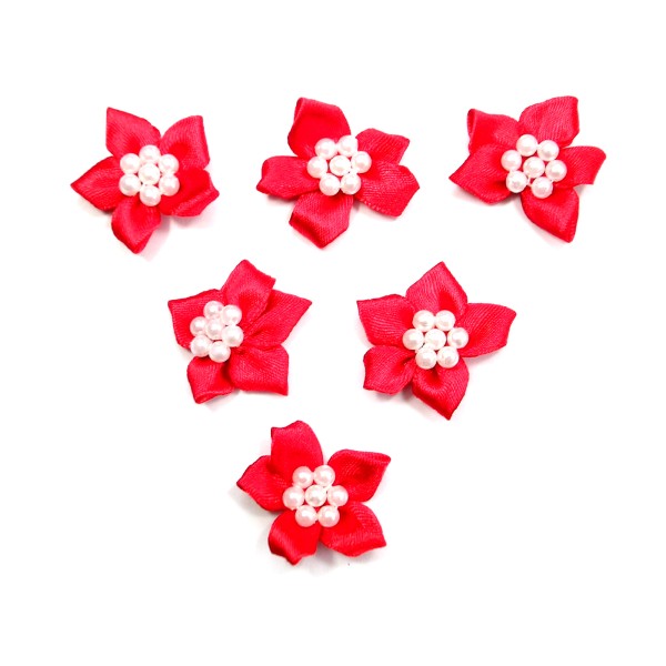 LOT 6 APPLIQUES TISSUS  : fleur rouge avec perles 25mm (03) - Photo n°1