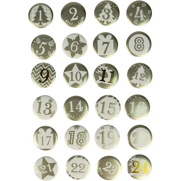 24 Badges métal or et blanc D2,5cm chiffre calendrier de l'avent - Photo n°1