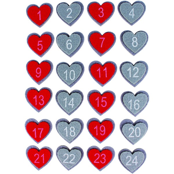 24 Stickers Cœurs feutrine 4 à 4,5cm chiffre calendrier de l'avent - Photo n°1