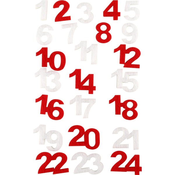 24 Stickers feutrine 2 cm Chiffres rouge et blanc calendrier de l'avent - Photo n°1