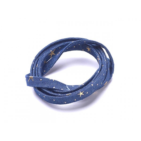 Lanière En Jeans Coton Tissé Bleu Royal Motifs étoiles Et Pois Dorés 10mm, Au Mètre - Photo n°1