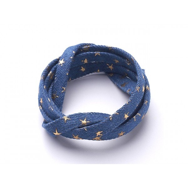 Lanière En Jeans Coton Tissé Bleu Royal Motifs étoiles Dorées 10mm, Au Mètre - Photo n°1
