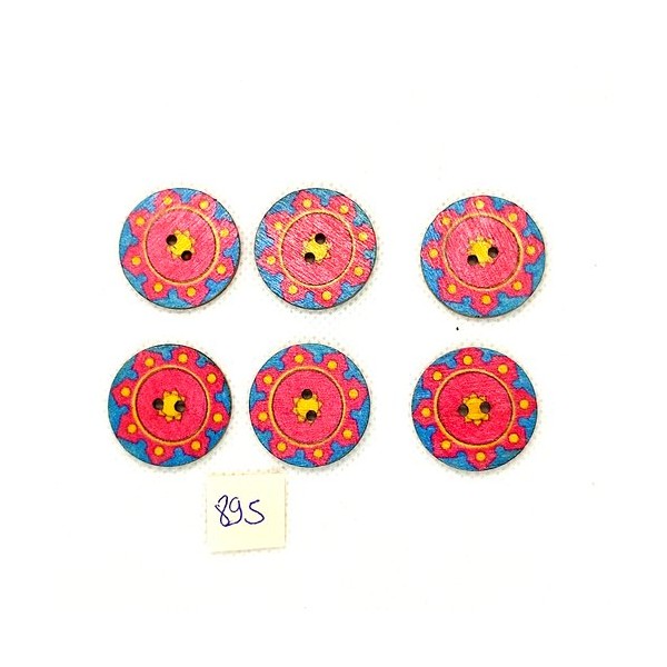 6 Boutons fantaisie en bois multicolore - 25mm - BRI895-43 - Photo n°1