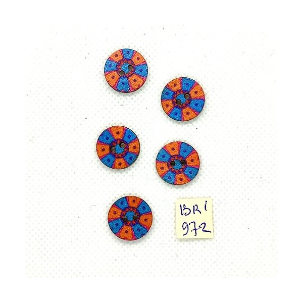 5 Boutons en bois orange et bleu - 15mm - BRI972-3 - Photo n°1