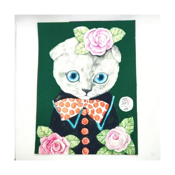 Coupon tissu un chat avec une rose - coton épais - 15x20cm - Photo n°1