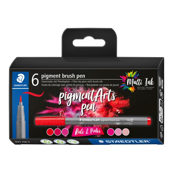 6 feutres - Pointe pinceau - Staedtler - Pigment Arts Pen - Assortis rouge et rose - Photo n°1