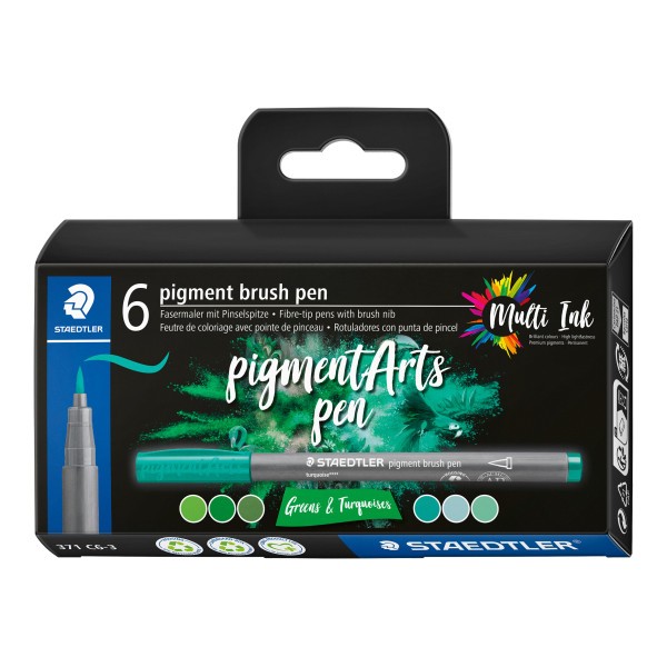 6 feutres - Pointe pinceau - Staedtler - Pigment Arts Pen - Assortis vert et turquoise - Photo n°1