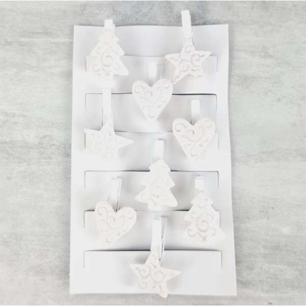 Gros lot 27 mini pinces à linge Sapin de Noël, Coeur, étoile, en bois blanc pailleté 3,5cm, déco de - Photo n°4