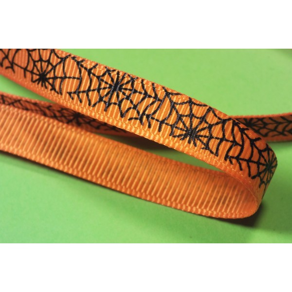 RUBAN POLYESTER  : orange motif toile d'araignée largeur 10mm longueur 100cm (01) - Photo n°1